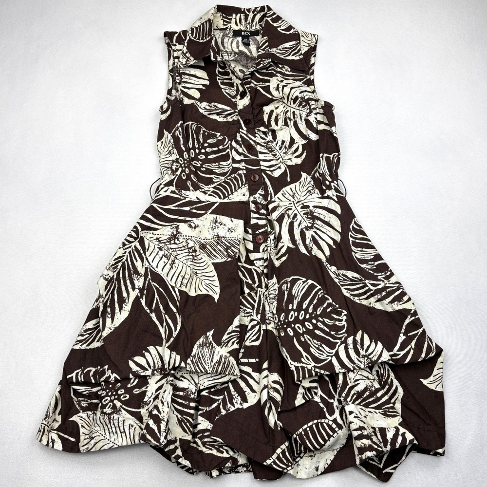 BCX Dress Womens XS Brown Palm Leaf Print Sleeveless Handkerchief Shirt Dress